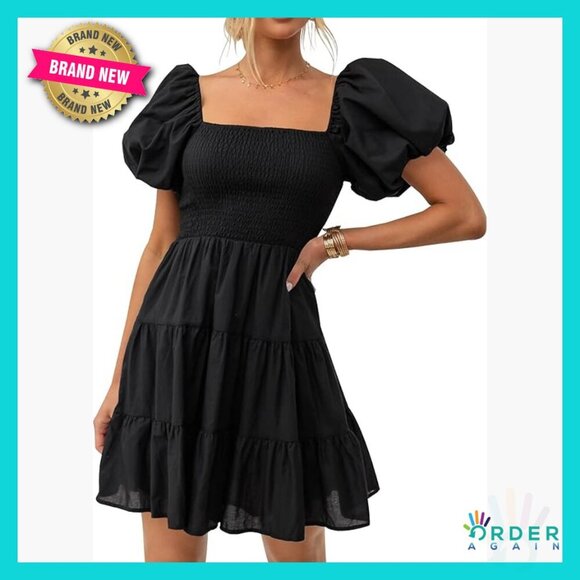 Dresses & Skirts - Boho Square Neck Puff Sleeve Off Shoulder Smocked Mini Dress Summer Casual